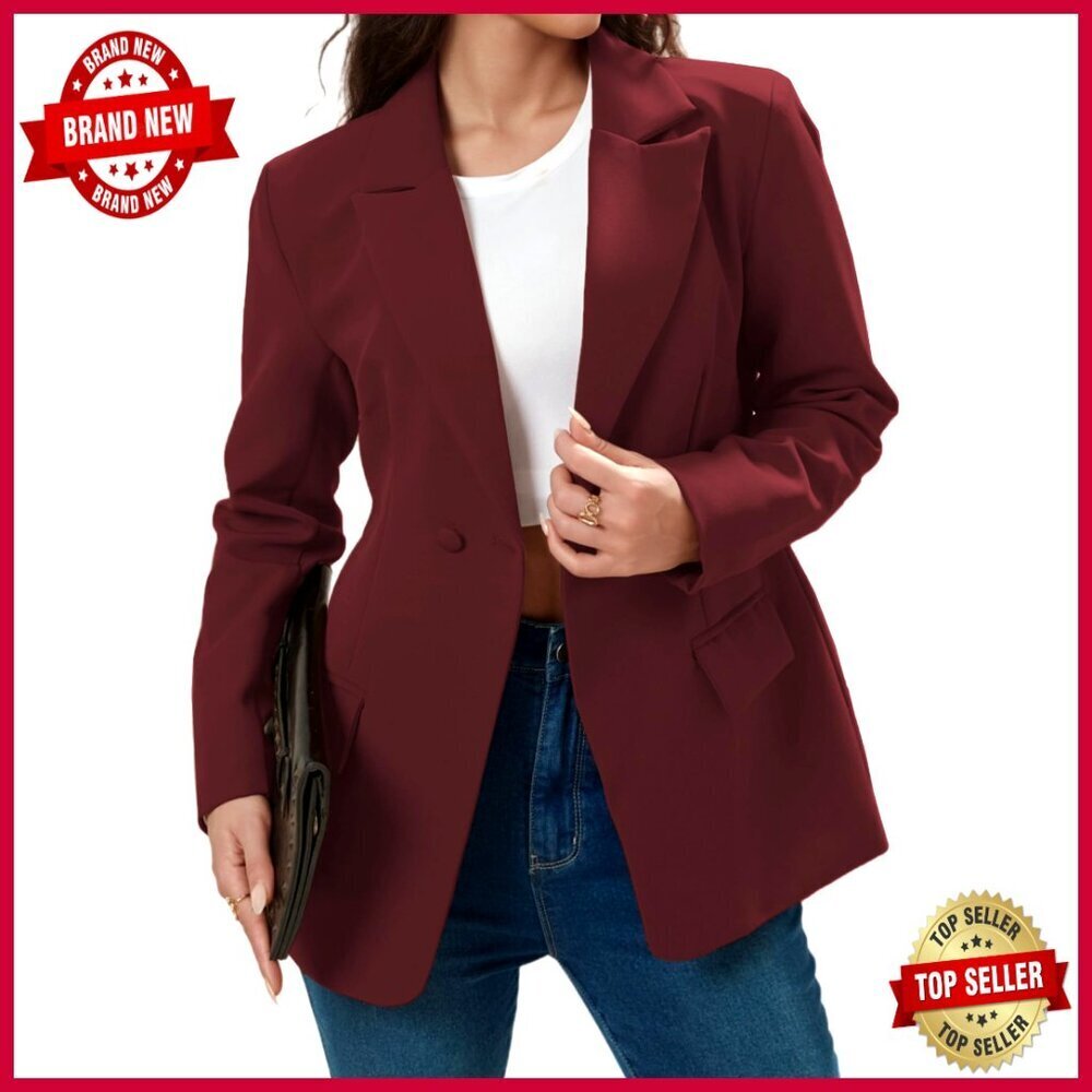 Long Sleeve Notch Lapel Blazer Work Suit Jacket with Pockets Polyester Spandex